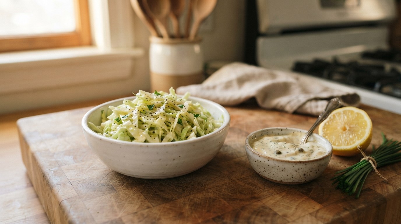 A bowl of lemony shredded cabbage slaw beside a small dish of creamy citrus tartar sauce with capers, on a wooden board