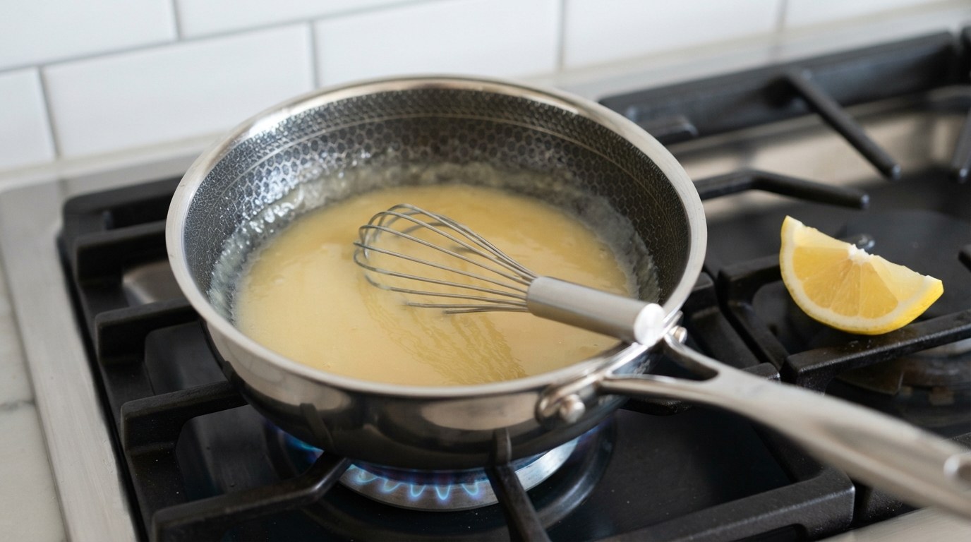 A glossy pale-yellow lemon butter sauce being whisked in a pan with a lemon wedge beside it