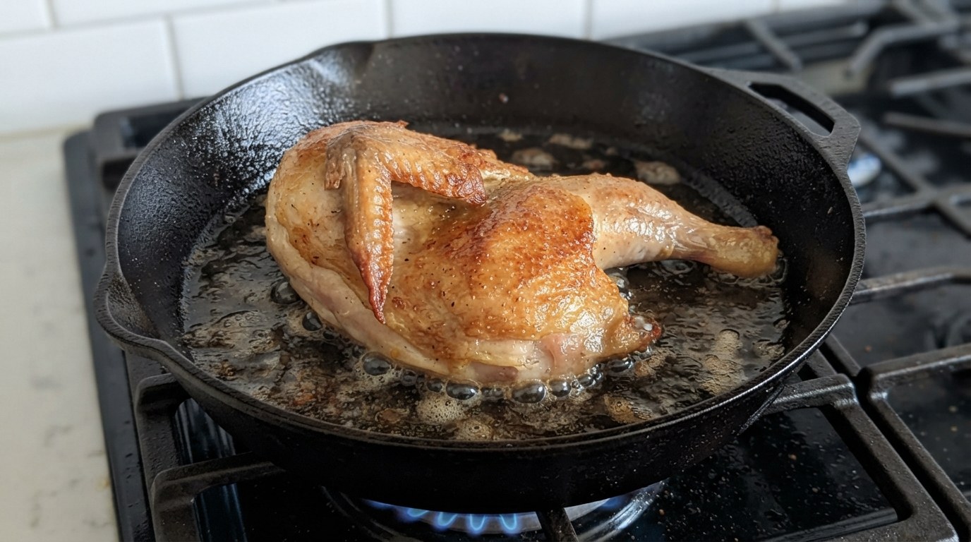 A half chicken searing skin-side down in a cast-iron skillet until the skin is deep golden and crisp