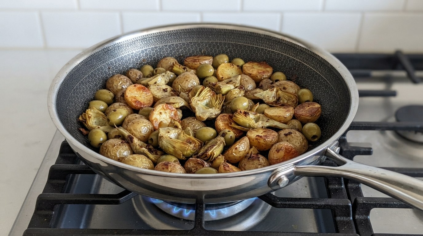 Pee wee potatoes, baby artichoke halves, and green olives roasting in a skillet until golden
