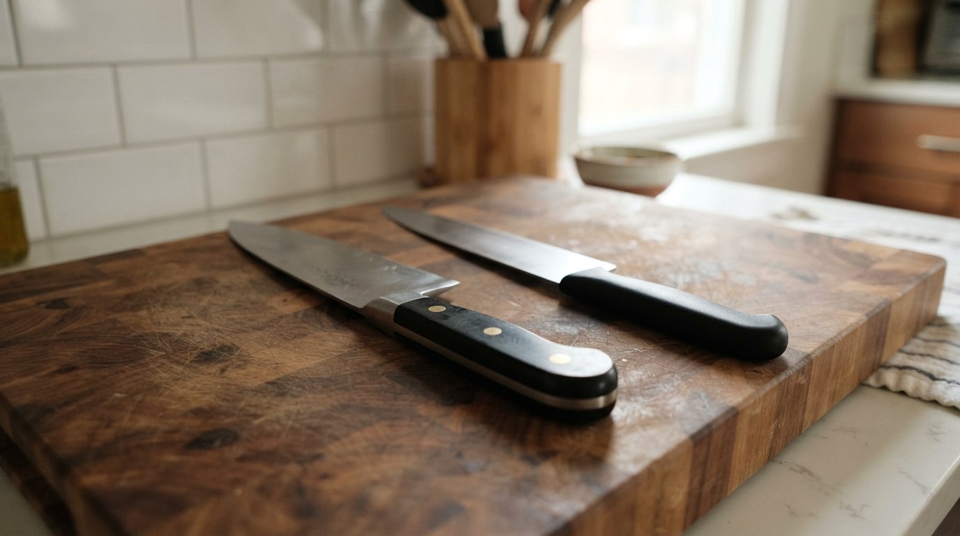 A forged chef's knife with a thick full bolster and riveted handle beside a thinner stamped chef's knife with no bolster, on a wooden cutting board