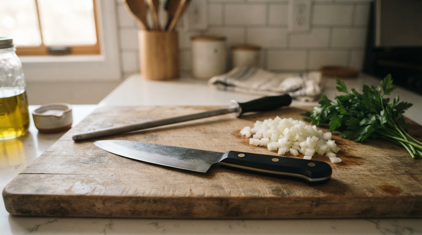 A forged chef's knife resting on a wooden board beside a long honing steel, with a pile of finely diced onion and a bunch of parsley