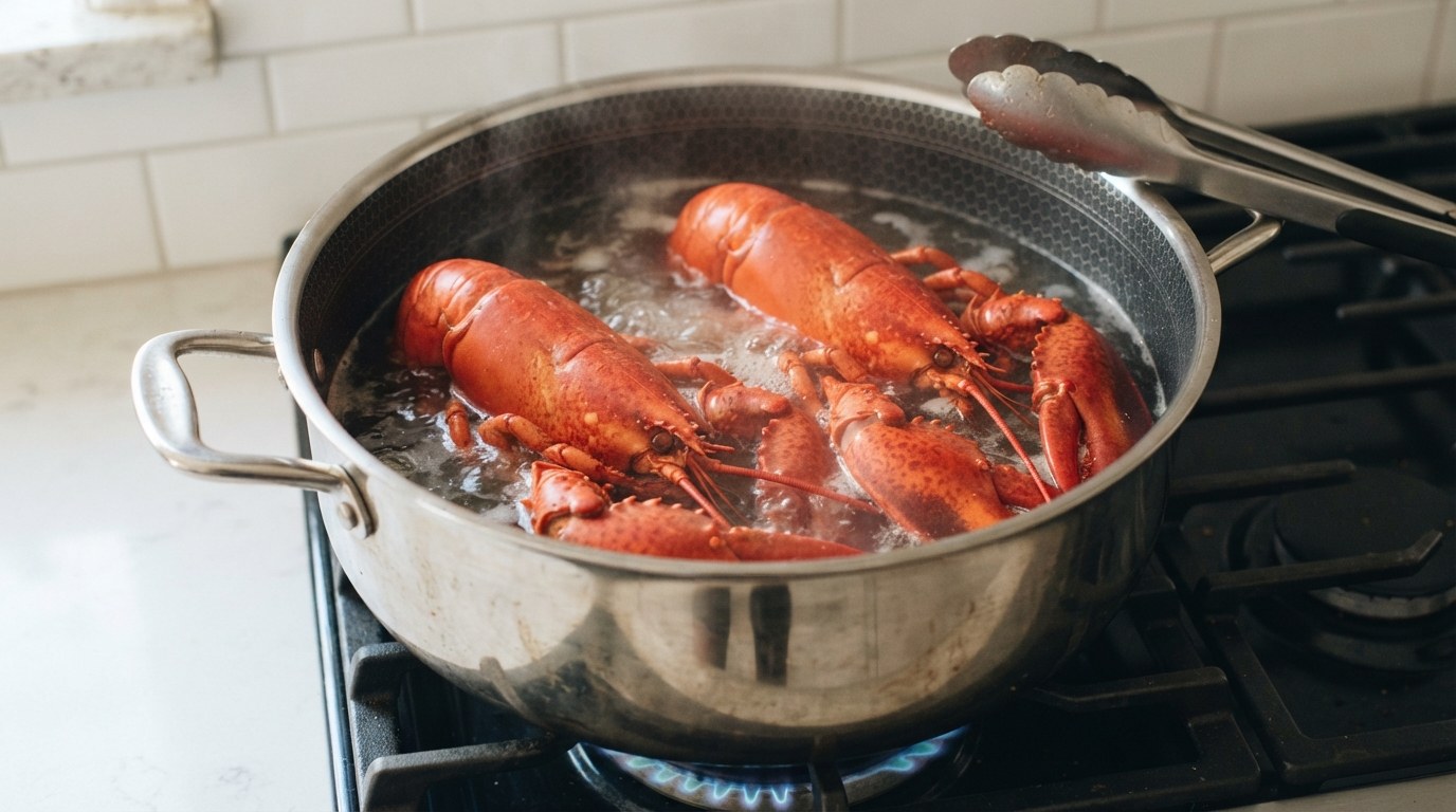 Two whole cooked lobsters, bright red, resting in a tall pot of steaming water with tongs resting on the rim