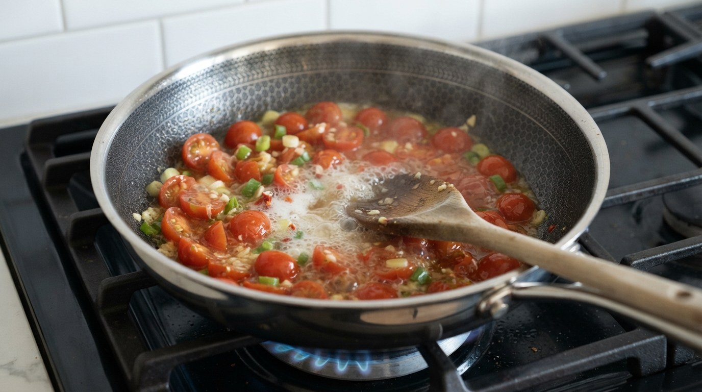Chopped shallot and garlic softening in olive oil with red chili flakes, white wine just added and crushed cherry tomatoes starting to simmer into a loose red sauce