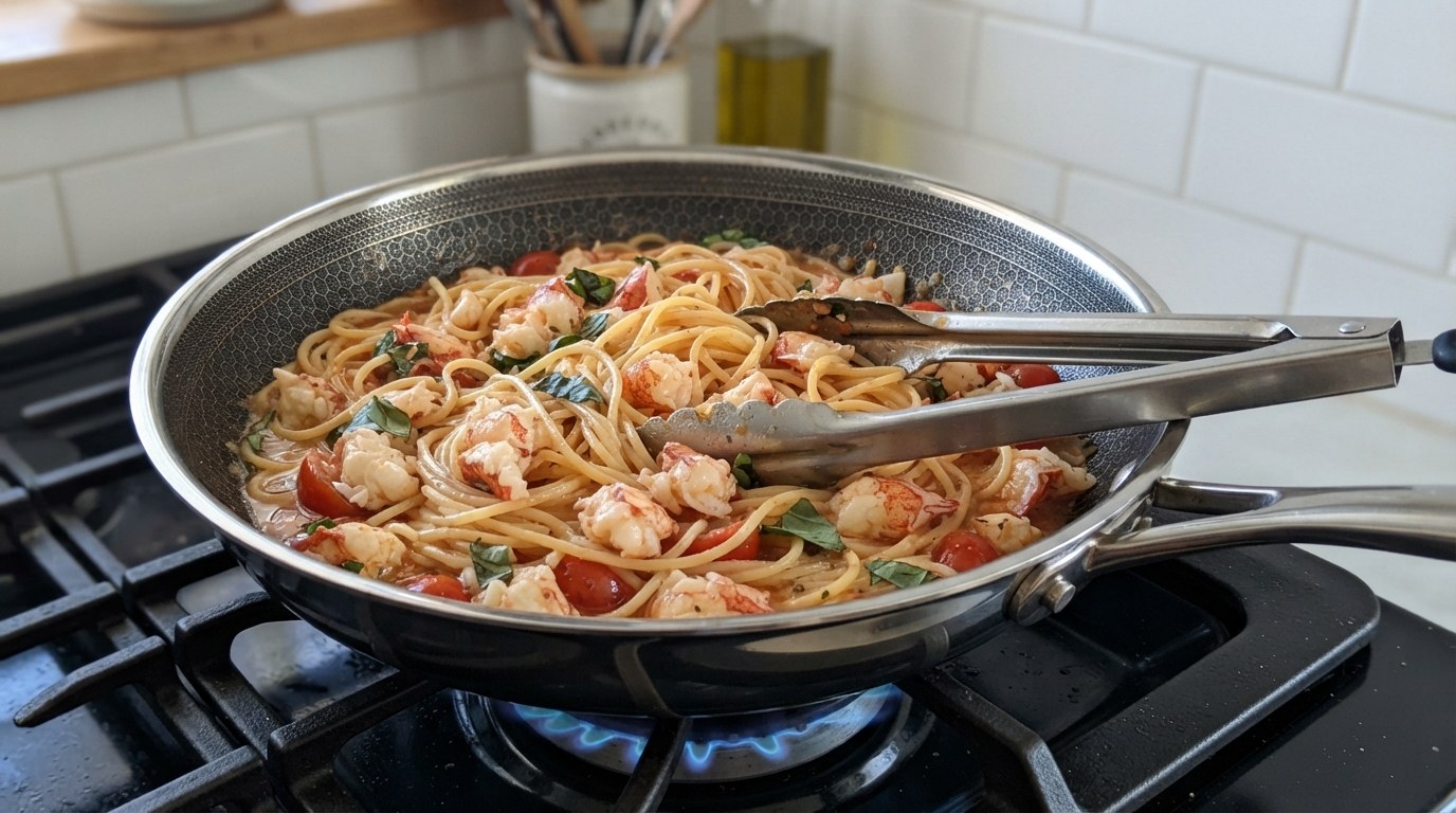 Spaghetti tossed into a lightly creamy tomato sauce with chunks of cooked lobster meat and torn basil, glossy and evenly coated, tongs resting in the pan