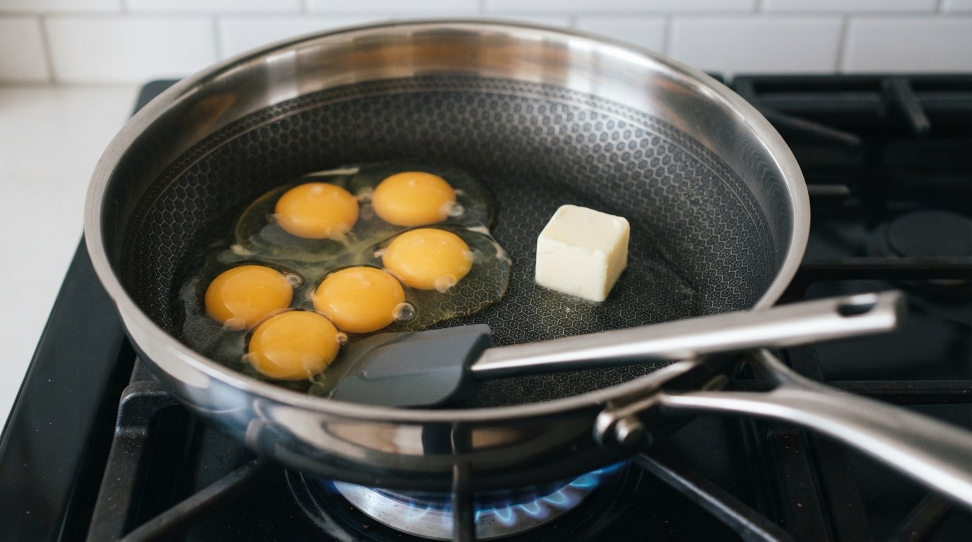 Whole eggs cracked into a cold nonstick saucepan with a cube of butter, un-whisked, before any heat is applied