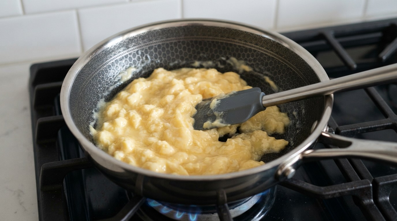 Soft, small, glossy scrambled-egg curds mid-cook in a nonstick pan, a rubber spatula folding them, still loose and shiny