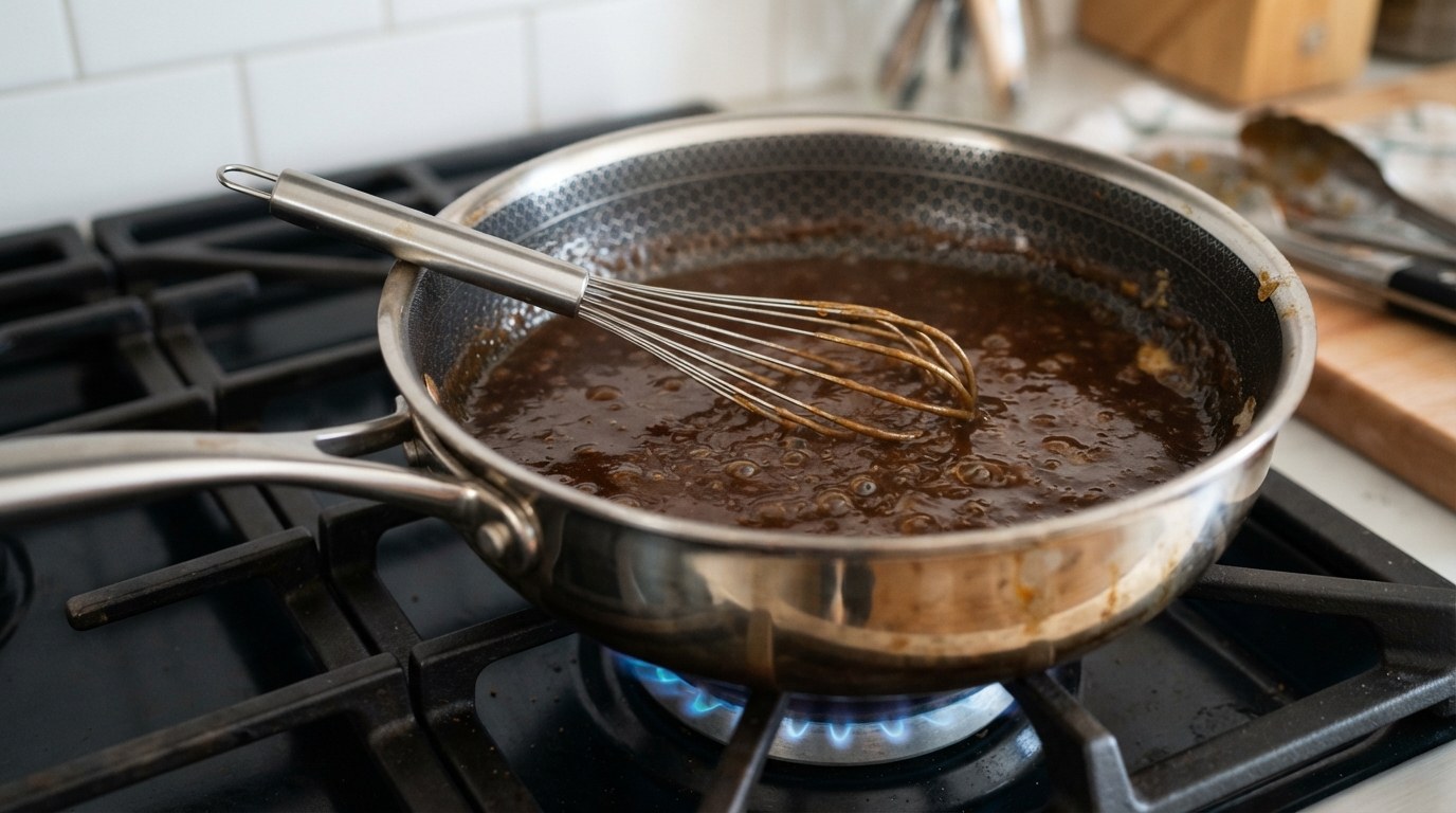 Turkey gravy made from roasting-pan drippings being whisked smooth in a saucepan