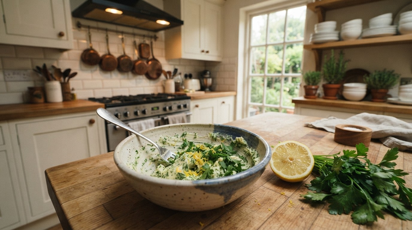 A bowl of softened butter mixed with lemon zest, chopped parsley and garlic for Gordon Ramsay's turkey