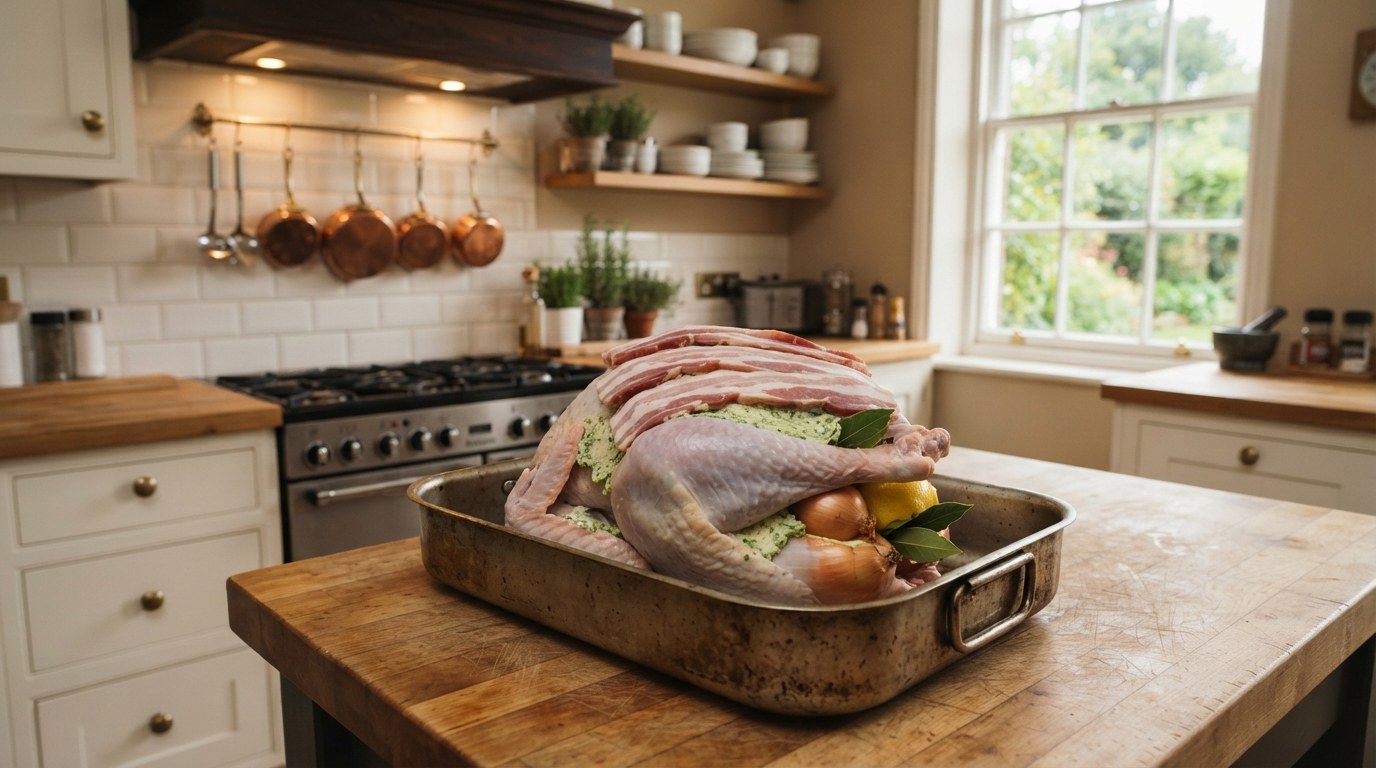 A raw turkey in a roasting pan with lemon-parsley butter under the skin, bacon laid across the breast, and onion, lemon and bay leaves in the cavity