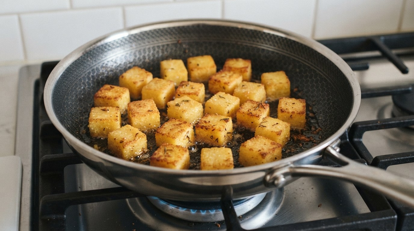 Golden cubes of firm polenta frying in a skillet until crisp