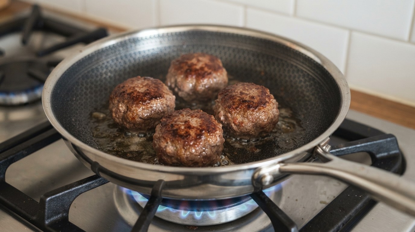 Large wagyu and pork meatballs searing to a deep brown crust in a skillet