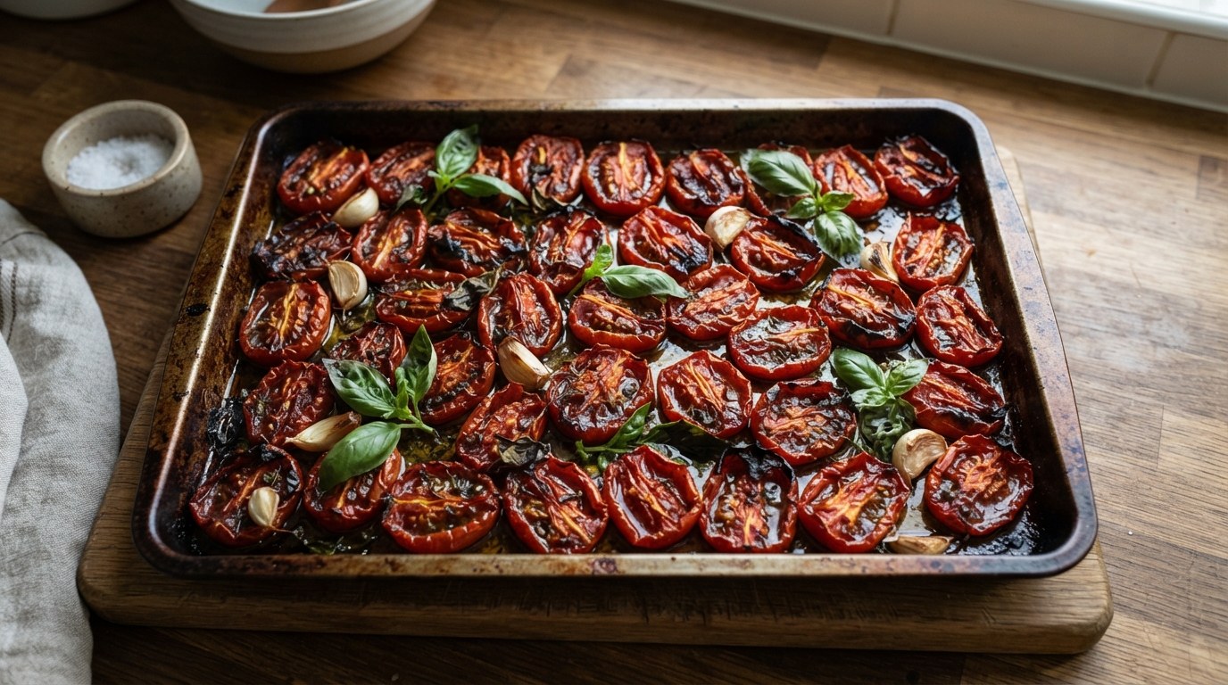 A tray of slow-roasted halved plum tomatoes, caramelized and collapsed with garlic and basil