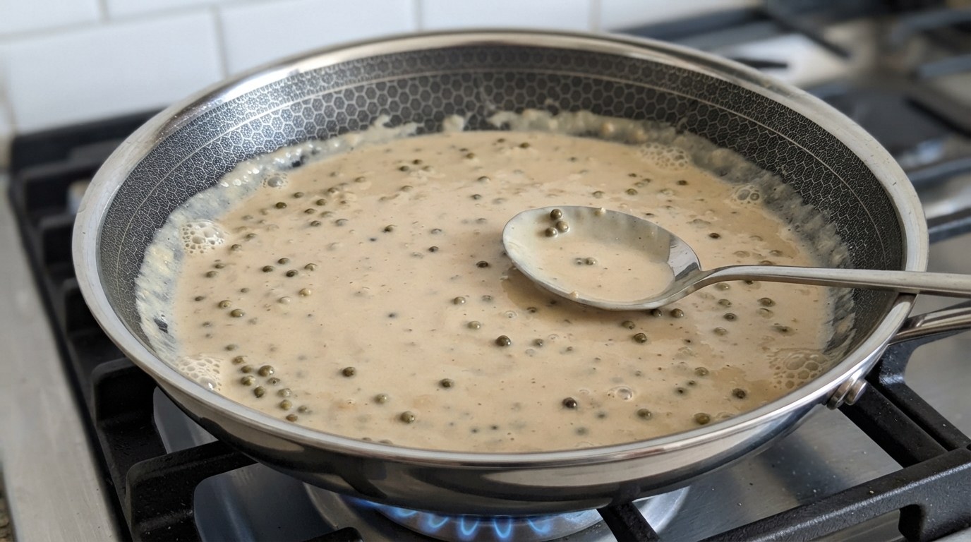 Finished creamy green peppercorn sauce in a skillet with whole green peppercorns suspended in it and a metal spoon resting in the pan, its back coated in sauce