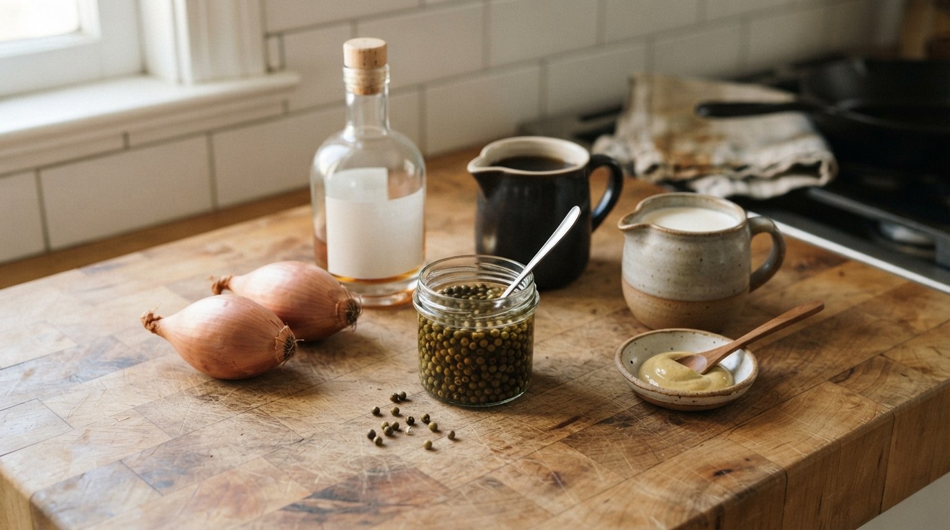 A jar of green peppercorns in brine, two shallots, a jug of cream, a dish of Dijon mustard, a bottle of brandy and a pitcher of beef stock on a butcher-block counter