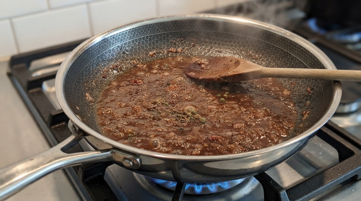 Cognac and beef stock bubbling and reducing over the browned fond in a skillet, whole green peppercorns and shallot in the liquid and steam rising