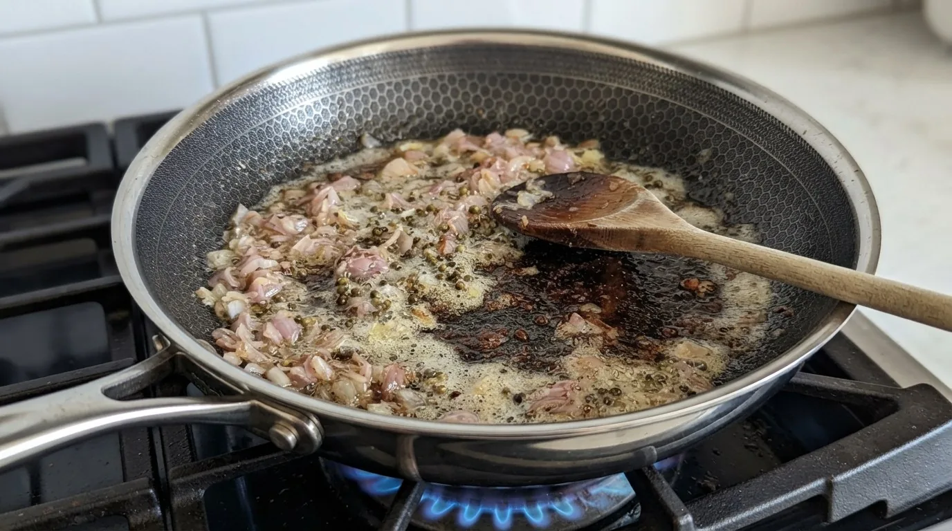 Chopped shallots and lightly crushed green peppercorns sizzling in butter over the browned steak fond in a skillet, with a wooden spoon resting in the pan