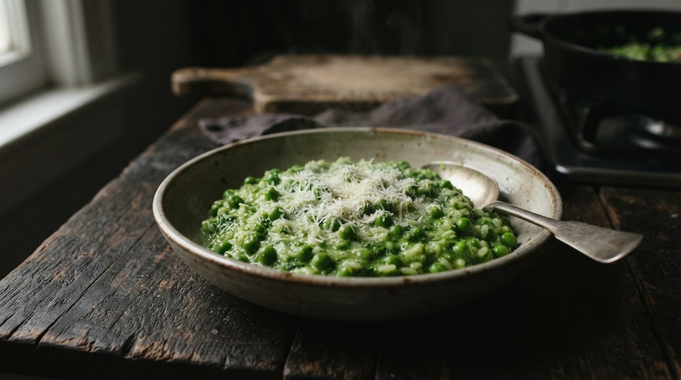 Bright green spinach and pea risotto finished with grated Parmesan