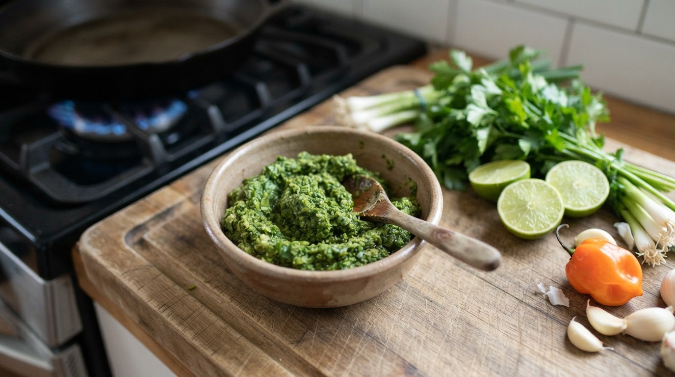 A bowl of bright green Haitian epis beside parsley, scallions, limes, garlic and a Scotch bonnet pepper