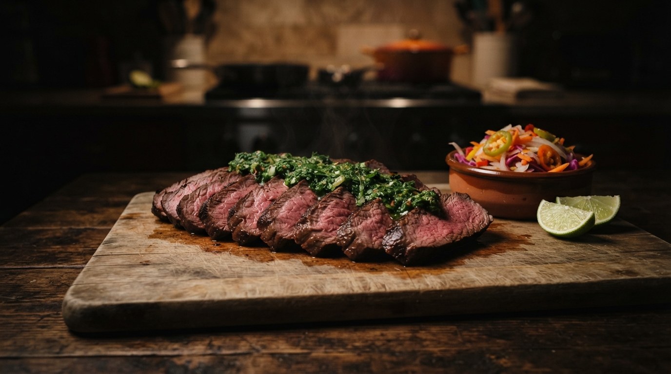 Sliced Haitian-spiced hanger steak with epis and pikliz