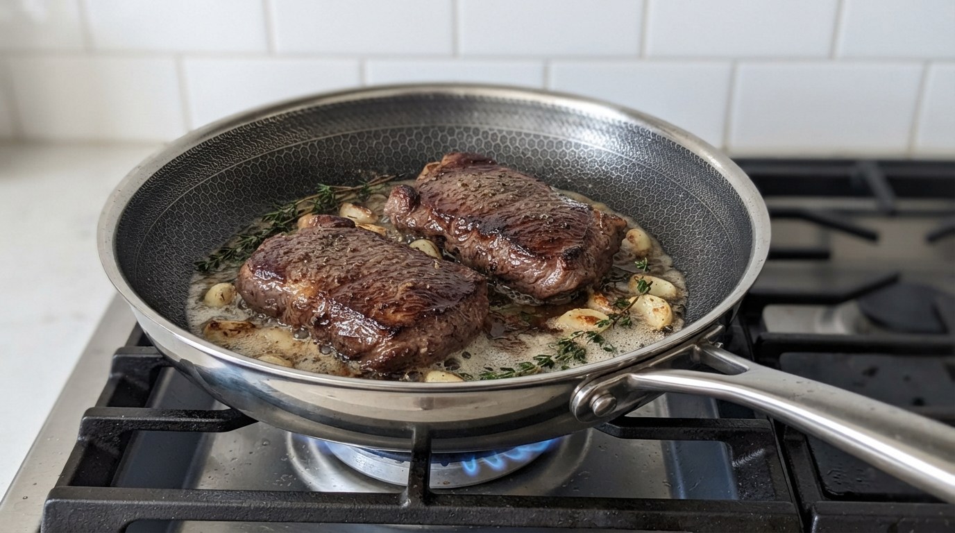Two pieces of hanger steak searing in a hot skillet with butter, garlic and thyme