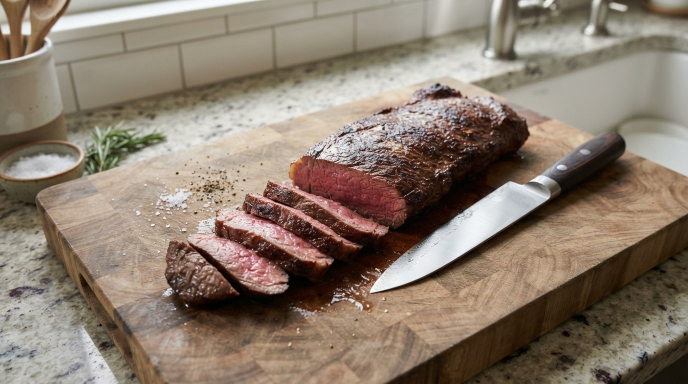 Rested hanger steak sliced against the grain on a cutting board, pink in the center