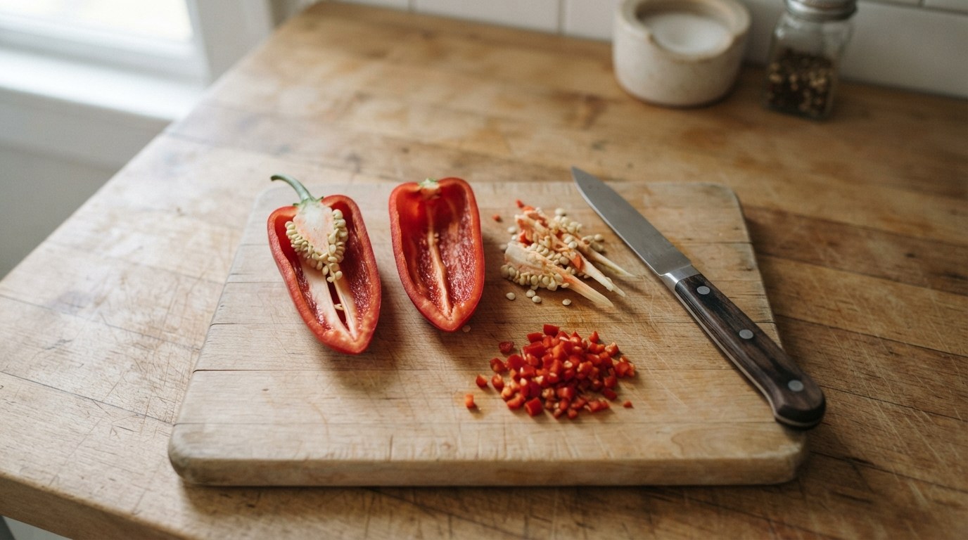Two Fresno chiles halved on a cutting board, one with its pale ribs and seeds intact and one scraped clean, a paring knife beside them