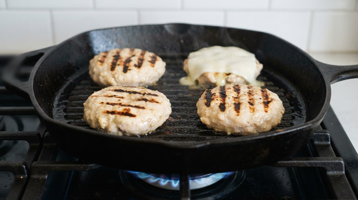 Ground chicken burger patties with dark grill marks cooking in a ridged cast-iron grill pan, one topped with melting white cheddar