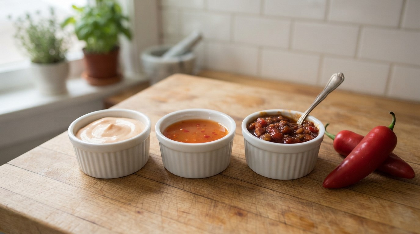 Three ramekins on a kitchen counter: pale orange hot mayo, thin red hellfire sauce with minced chile, and chunky tomato-bacon jam