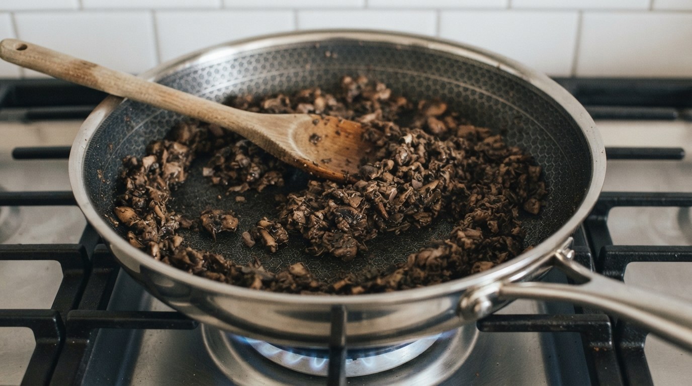 Finely chopped mushroom duxelles with shallot and thyme cooked down dry across a skillet, with a wooden spoon resting in the pan