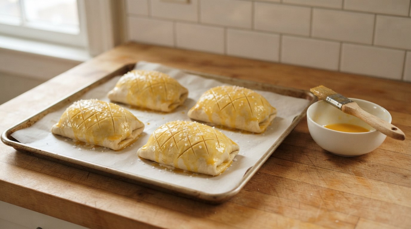 Four unbaked petite wellingtons on a parchment-lined sheet pan, wrapped in puff pastry, egg-washed, scored and sprinkled with flaky salt, a bowl of egg wash beside them