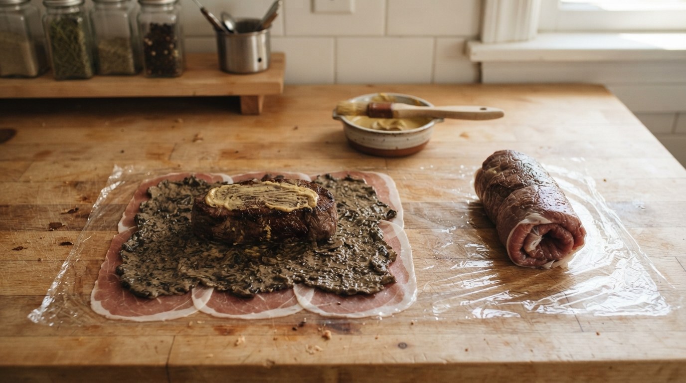 Shingled prosciutto spread with mushroom duxelles on plastic wrap with a Dijon-brushed seared filet in the center, and a second filet already rolled tight in plastic wrap beside it