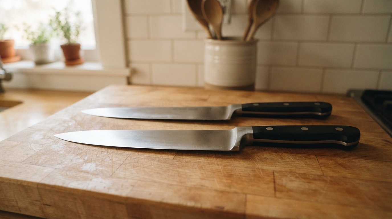 Two black-handled chef's knives side by side on a butcher-block board, a thinner stamped blade above a heavier forged blade with a thick full bolster at the handle