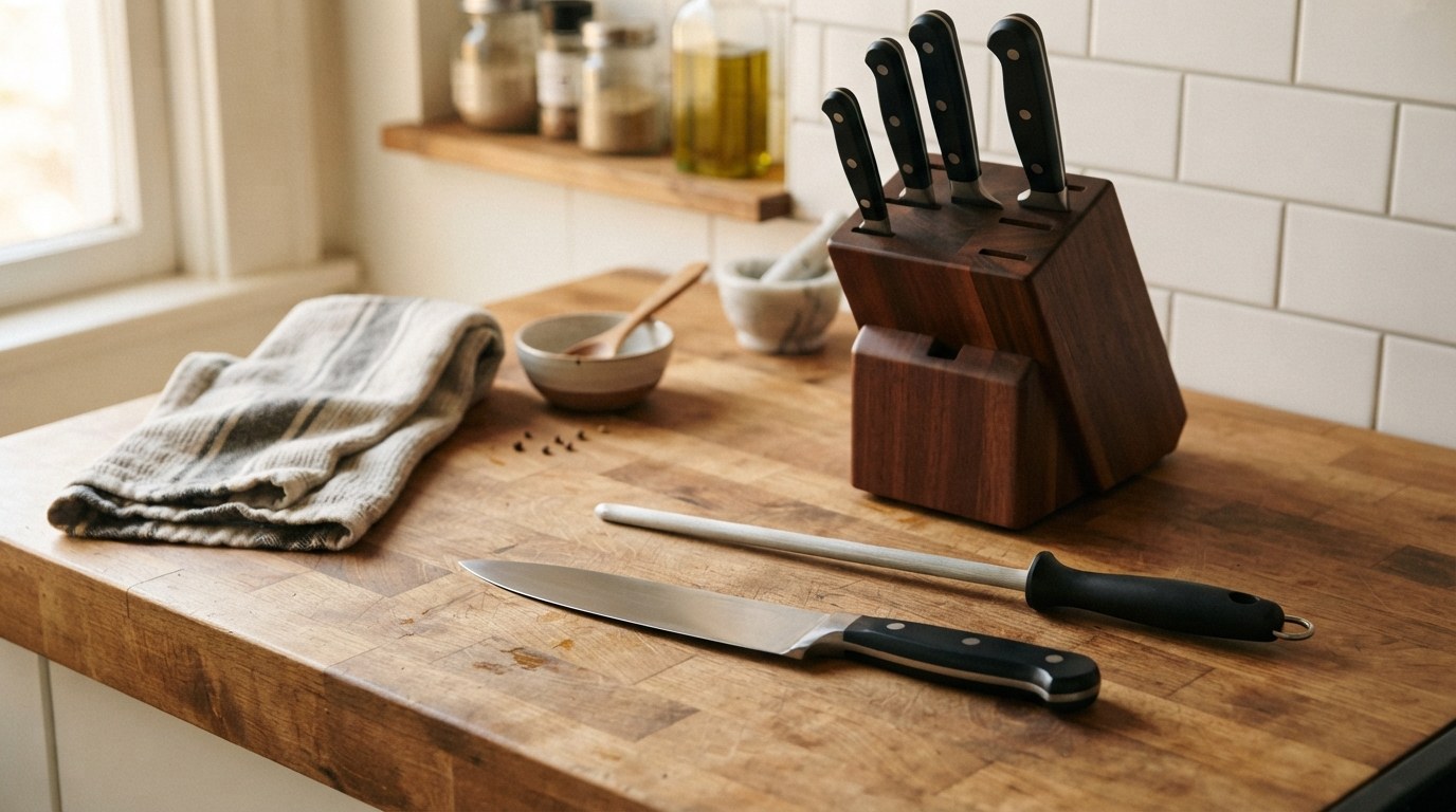 A black-handled chef's knife resting beside a steel honing rod on a butcher-block counter, with a dark hardwood knife block of black-handled knives behind them