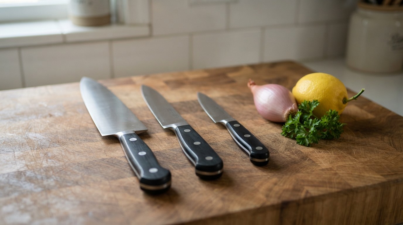 An 8-inch chef's knife, a 6-inch utility knife and a 4-inch paring knife with black handles in a row on a butcher-block board beside a shallot, a lemon and parsley