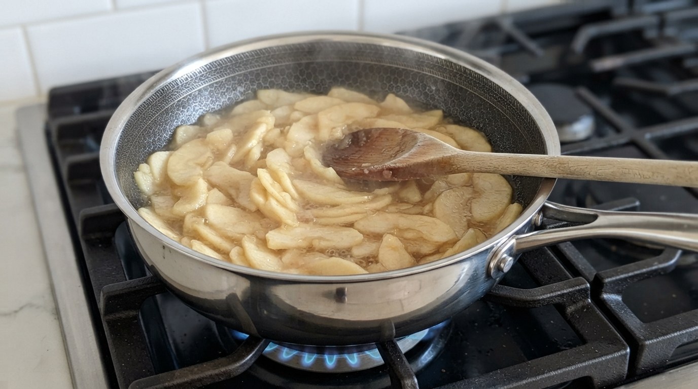 Thin apple slices simmering in apple juice and cider vinegar in a saucepan until soft enough to blend into a purée, a wooden spoon resting in the pan