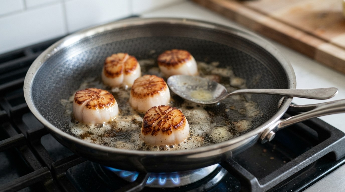 Seared sea scallops flipped to show deep golden-brown crusts, sitting in foaming butter in a skillet with a spoon resting in the pan
