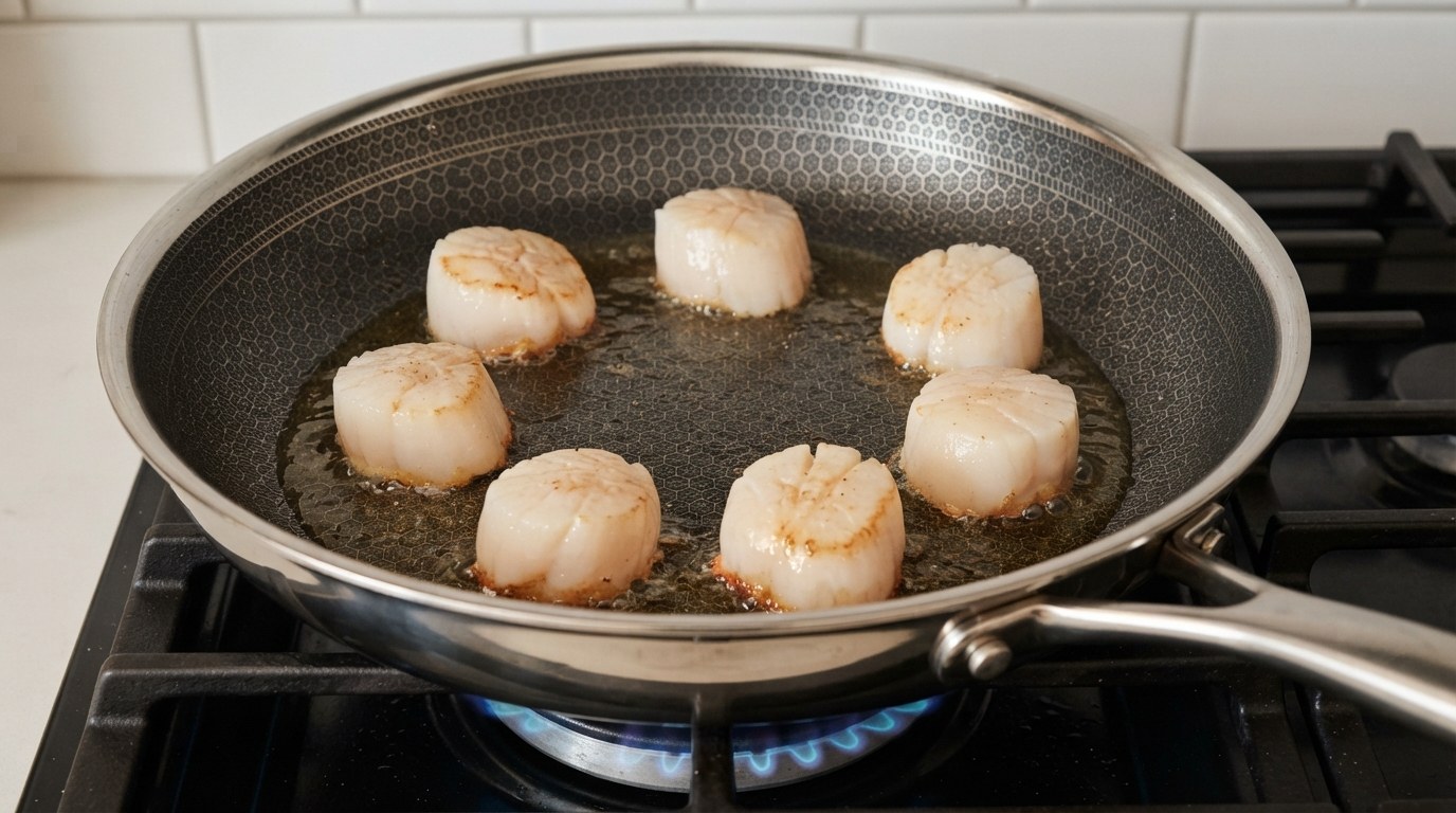 Large dry sea scallops arranged in a circle like a clock face in a hot skillet, the undersides just starting to brown in a thin film of oil