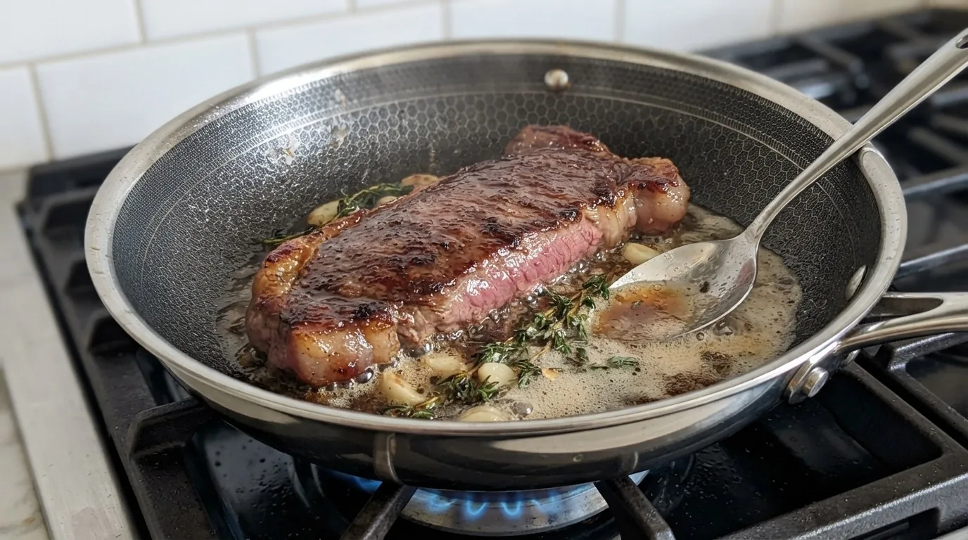 A seared New York strip lying in foaming butter with smashed garlic and thyme in a tilted skillet, a spoon resting in the butter and the crust dark and glossy