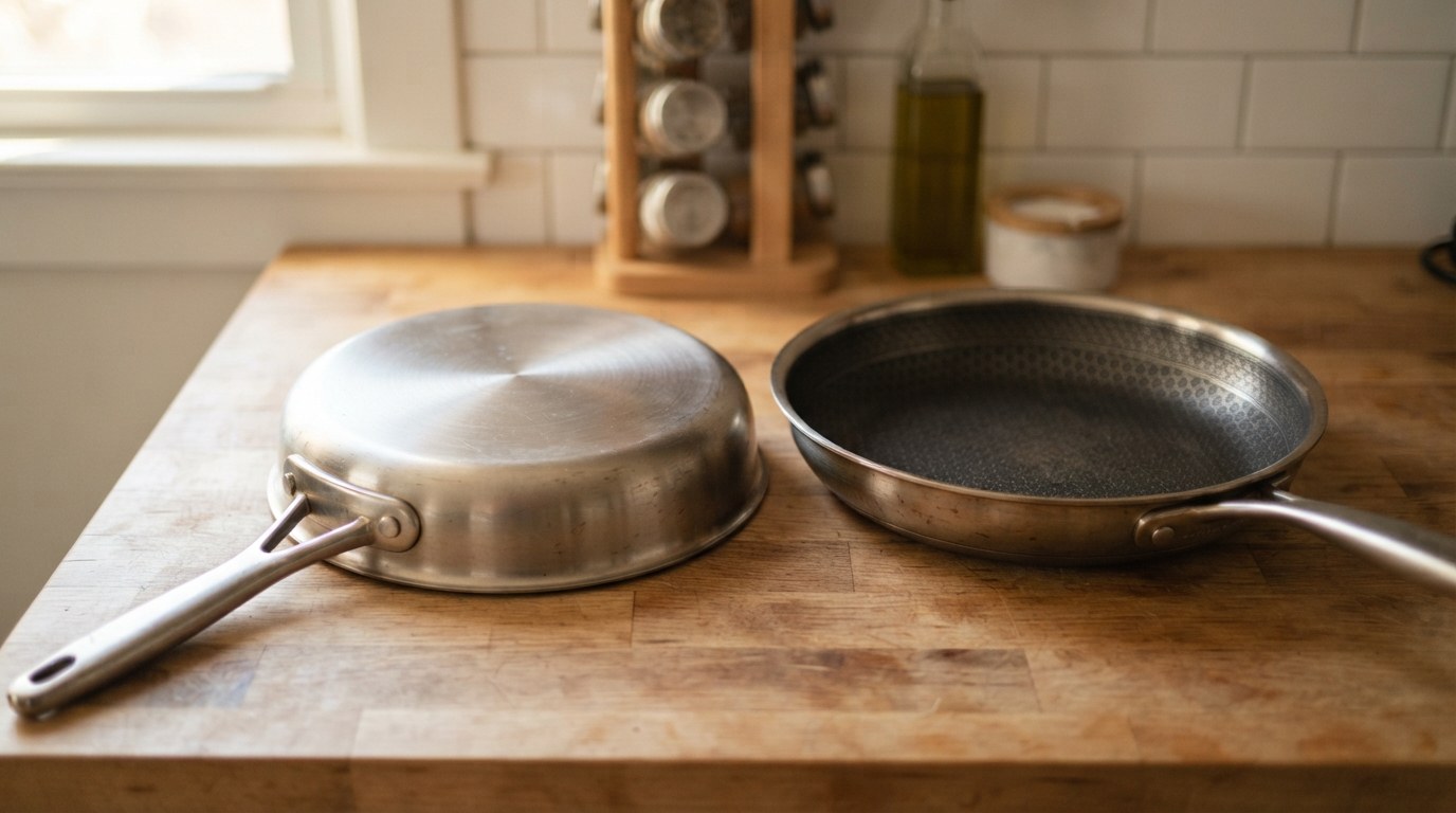 A hybrid stainless frying pan upside down showing its flat fully clad stainless base next to a second pan showing the hexagon cooking surface