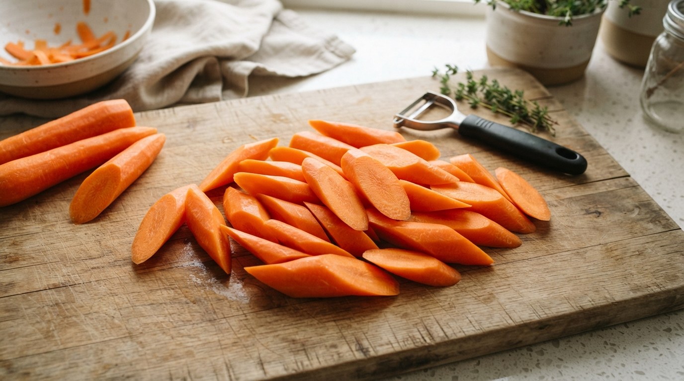 Peeled carrots cut on a sharp diagonal into even pieces on a board