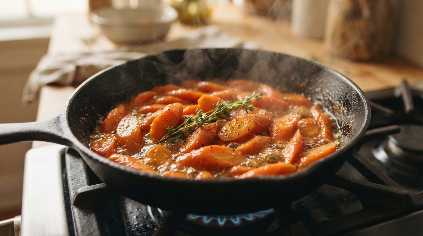 Diagonally cut carrots being glazed in a pan with a reduced buttery honey syrup