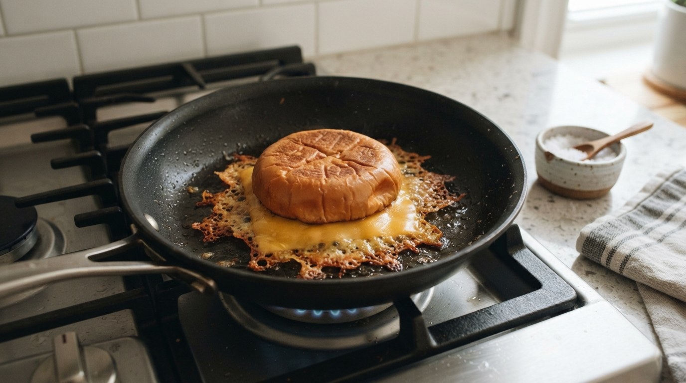 A toasted burger bun set face-down onto a melted sheet of cheese in a black nonstick skillet, the lacy browned cheese edges spreading around the rim of the bun