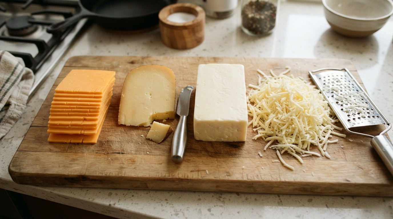 Cheeses that melt well for a burger arranged on a board: orange cheddar slices, a wedge of gouda, a block of Monterey Jack and a pile of freshly grated cheese with a box grater