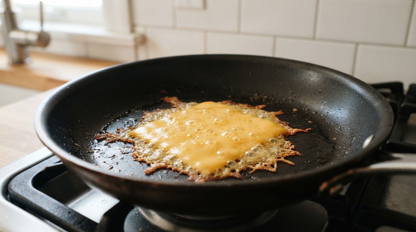 A single slice of cheese melted into a bubbling golden puddle in a black nonstick skillet, its outer edge crisped and browned into a thin lacy frico ring