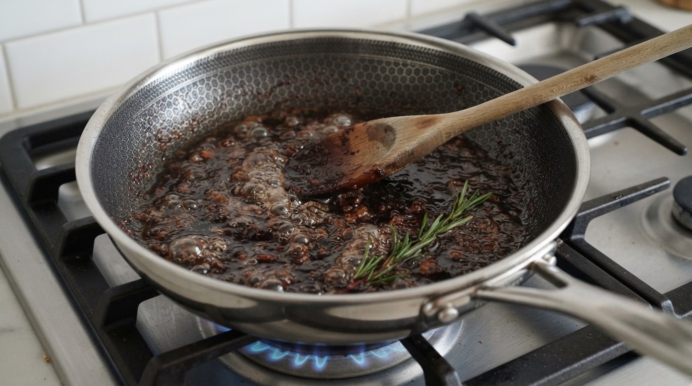 Cook’s-eye view of red wine deglazing a roasting pan of dark browned lamb fond with a rosemary sprig, a wooden spoon scraping the base