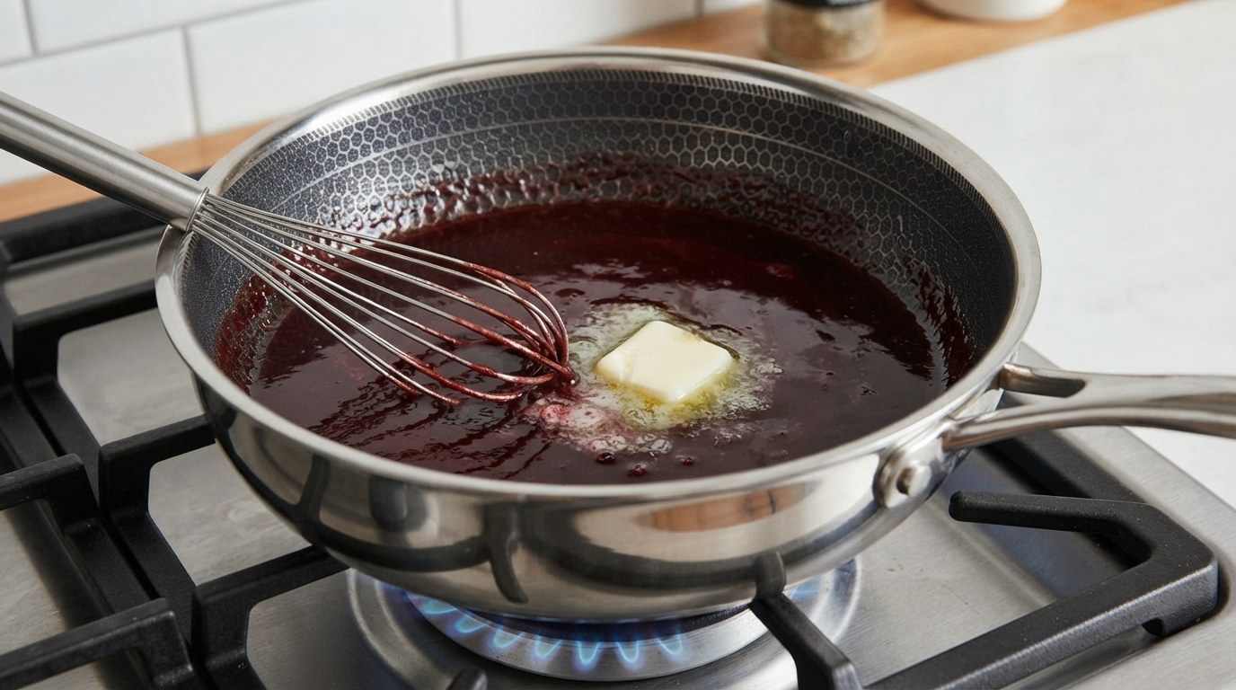 Cook’s-eye view of glossy reduced red wine lamb sauce in a saucepan with a knob of cold butter melting into it, a whisk resting in the pan