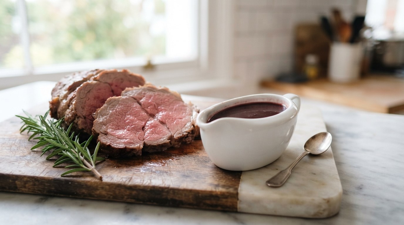 Glossy red wine lamb sauce in a white sauce boat beside sliced roast lamb