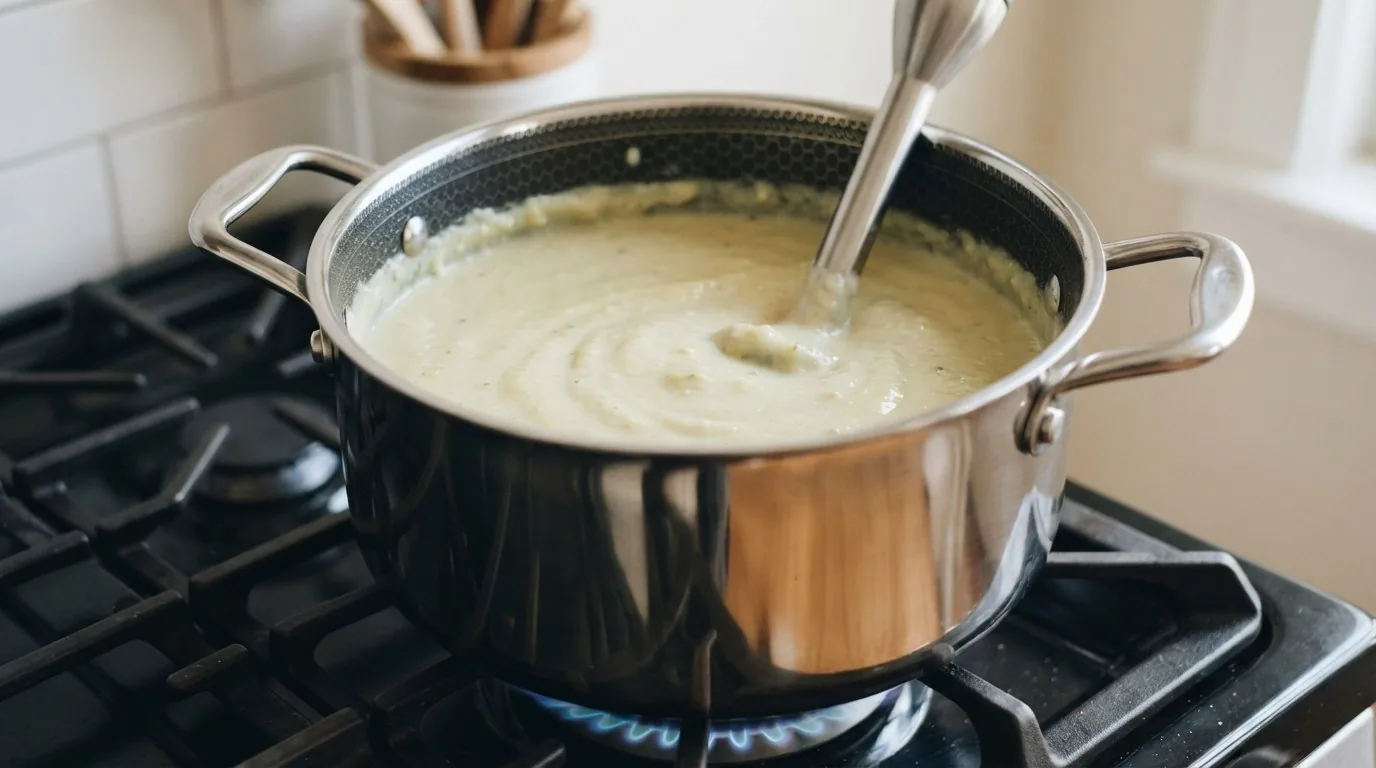 Leek and potato soup blended smooth with a stick blender