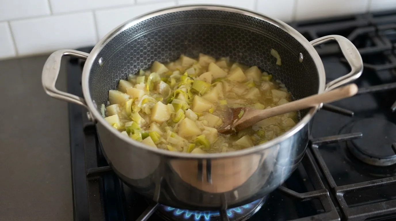 Diced potatoes and sliced leeks simmering in stock